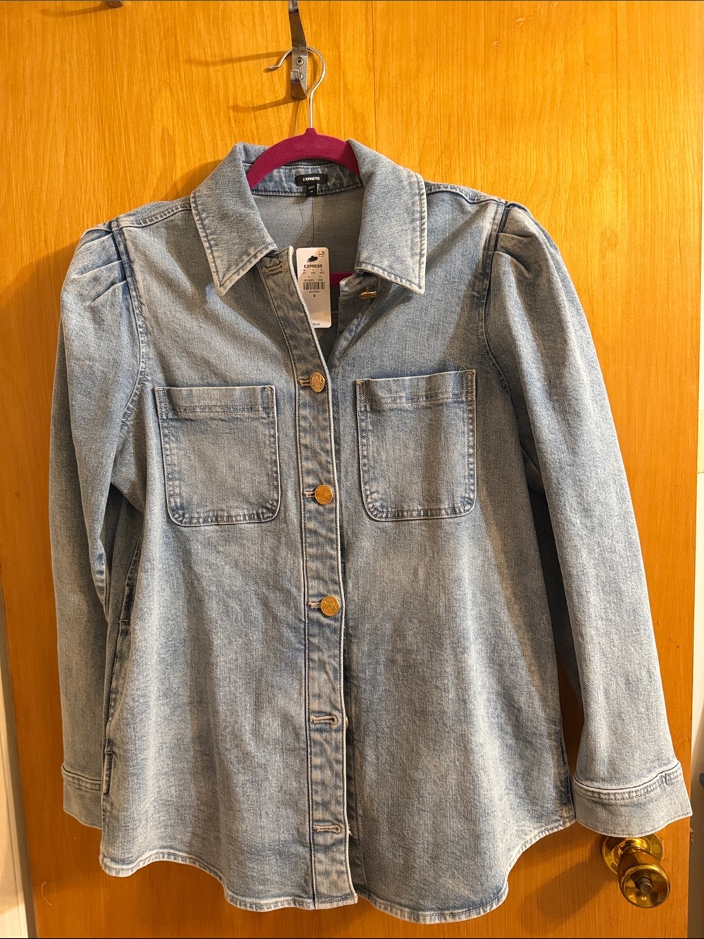 Express Light Blue Denim Jacket with Gold Buttons
